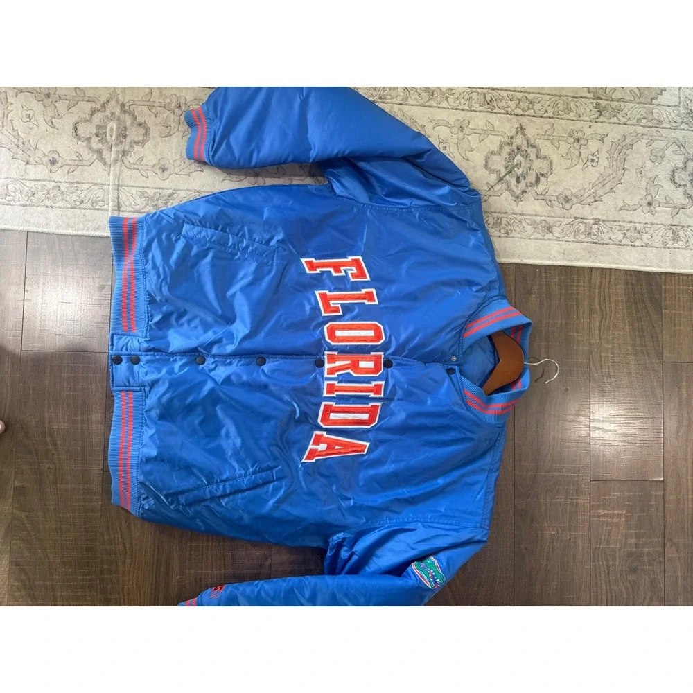 Starter VTG Florida Gators Varsity Bomber Jacket Mens L Blue Satin Snap Front‎